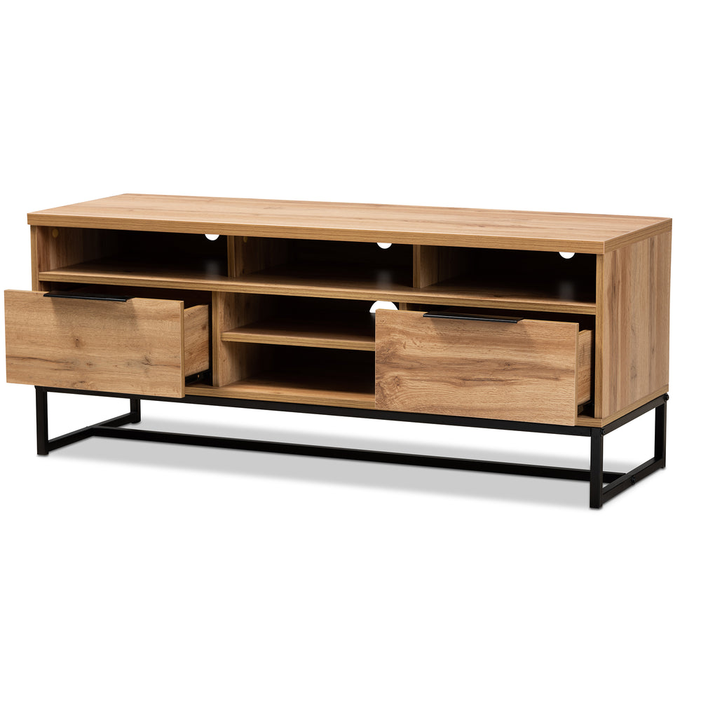 Baxton Studio Reid Modern and Contemporary Industrial Oak Finished Wood and Black Metal 2-Drawer TV Stand