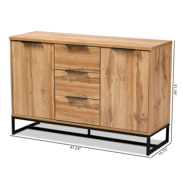 Baxton Studio Reid Modern and Contemporary Industrial Oak Finished Wood and Black Metal 3-Drawer Sideboard Buffet