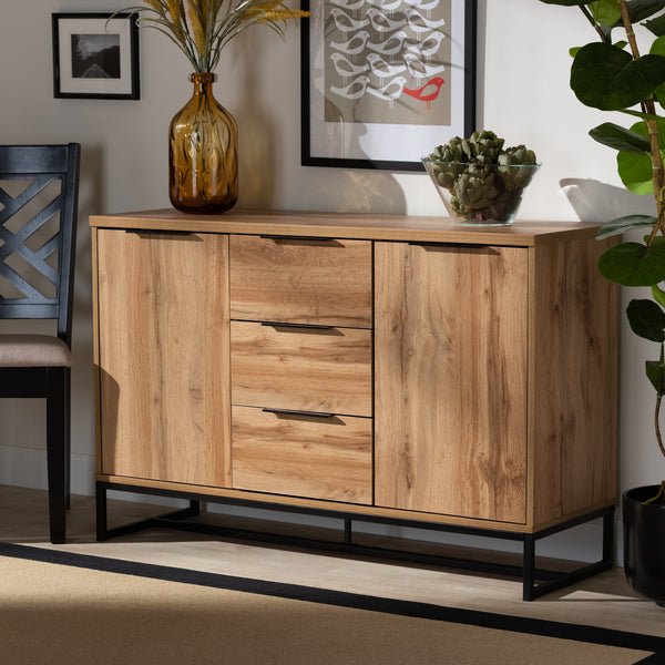 Baxton Studio Reid Modern and Contemporary Industrial Oak Finished Wood and Black Metal 3-Drawer Sideboard Buffet