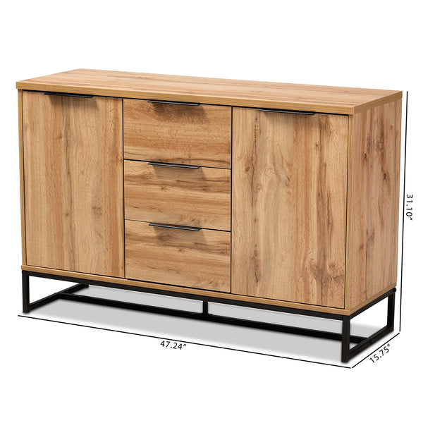 Baxton Studio Reid Modern and Contemporary Industrial Oak Finished Wood and Black Metal 3-Drawer Sideboard Buffet