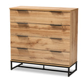 Reid Modern and Contemporary Industrial Oak Finished Wood and Black Metal 4-Drawer Dresser