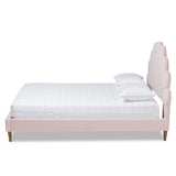 Baxton Studio Odille Modern Glam Light Pink Velvet Upholstered Walnut Brown Finished Wood Queen Size Seashell Shaped Platform Bed