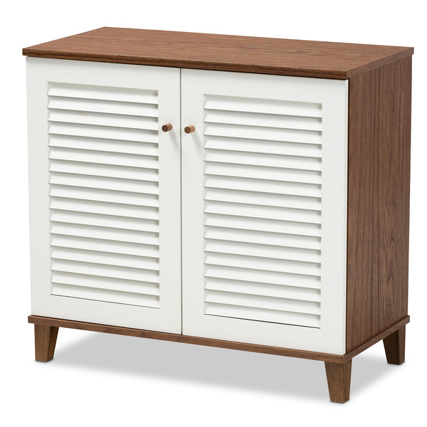 Baxton Studio Coolidge Modern and Contemporary White and Walnut Finished 4-Shelf Wood Shoe Storage Cabinet