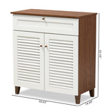 Baxton Studio Coolidge Modern and Contemporary White and Walnut Finished 4-Shelf Wood Shoe Storage Cabinet with Drawer