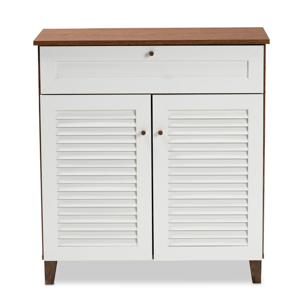 Baxton Studio Coolidge Modern and Contemporary White and Walnut Finished 4-Shelf Wood Shoe Storage Cabinet with Drawer