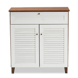 Baxton Studio Coolidge Modern and Contemporary White and Walnut Finished 4-Shelf Wood Shoe Storage Cabinet with Drawer