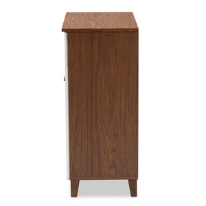 Baxton Studio Coolidge Modern and Contemporary White and Walnut Finished 4-Shelf Wood Shoe Storage Cabinet with Drawer