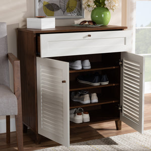Baxton Studio Coolidge Modern and Contemporary White and Walnut Finished 4-Shelf Wood Shoe Storage Cabinet with Drawer