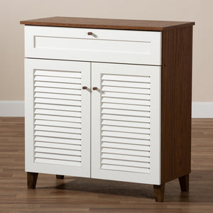 Baxton Studio Coolidge Modern and Contemporary White and Walnut Finished 4-Shelf Wood Shoe Storage Cabinet with Drawer