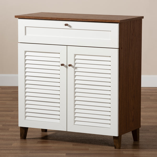 Baxton Studio Coolidge Modern and Contemporary White and Walnut Finished 4-Shelf Wood Shoe Storage Cabinet with Drawer