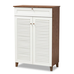 Baxton Studio Coolidge Modern and Contemporary White and Walnut Finished 5-Shelf Wood Shoe Storage Cabinet with Drawer