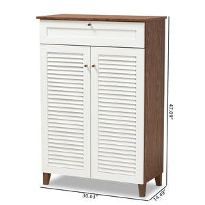 Baxton Studio Coolidge Modern and Contemporary White and Walnut Finished 5-Shelf Wood Shoe Storage Cabinet with Drawer