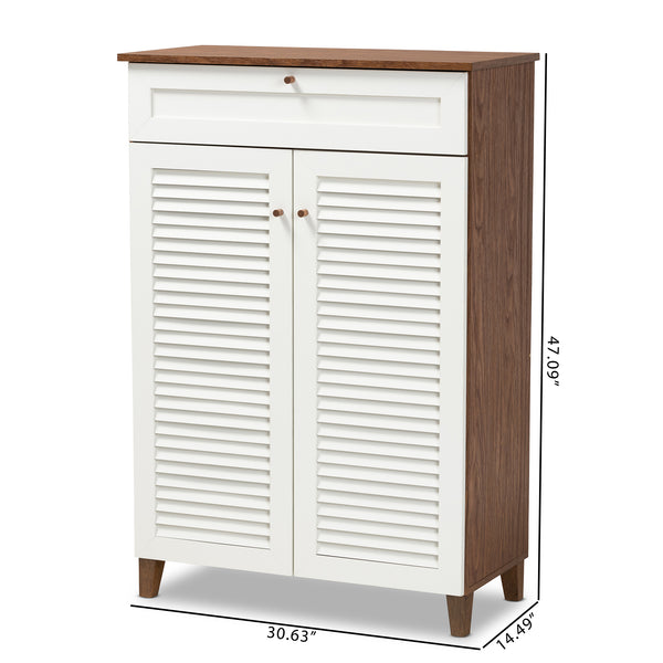 Baxton Studio Coolidge Modern and Contemporary White and Walnut Finished 5-Shelf Wood Shoe Storage Cabinet with Drawer