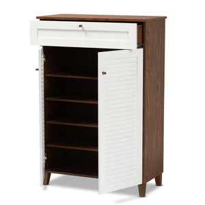 Baxton Studio Coolidge Modern and Contemporary White and Walnut Finished 5-Shelf Wood Shoe Storage Cabinet with Drawer