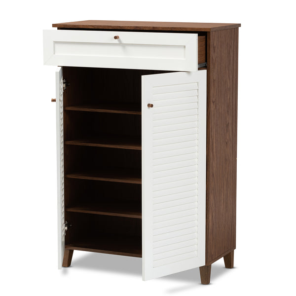 Baxton Studio Coolidge Modern and Contemporary White and Walnut Finished 5-Shelf Wood Shoe Storage Cabinet with Drawer