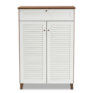 Baxton Studio Coolidge Modern and Contemporary White and Walnut Finished 5-Shelf Wood Shoe Storage Cabinet with Drawer