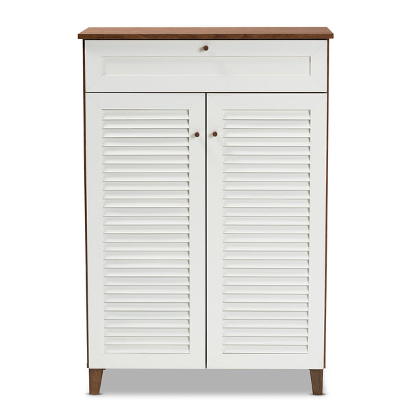 Baxton Studio Coolidge Modern and Contemporary White and Walnut Finished 5-Shelf Wood Shoe Storage Cabinet with Drawer