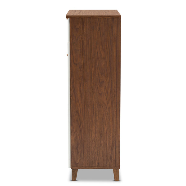 Baxton Studio Coolidge Modern and Contemporary White and Walnut Finished 5-Shelf Wood Shoe Storage Cabinet with Drawer