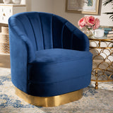 Baxton Studio Fiore Glam and Luxe Royal Blue Velvet Fabric Upholstered Brushed Gold Finished Swivel Accent Chair
