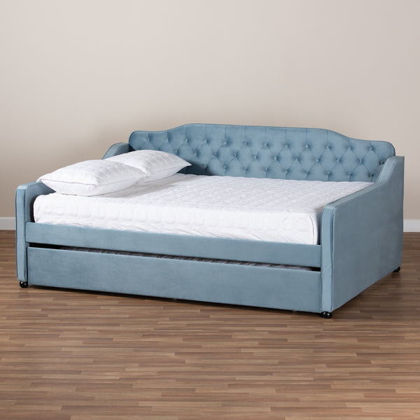 Baxton Studio Freda Transitional and Contemporary Light Blue Velvet Fabric Upholstered and Button Tufted Full Size Daybed with Trundle