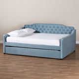 Baxton Studio Freda Transitional and Contemporary Light Blue Velvet Fabric Upholstered and Button Tufted Queen Size Daybed with Trundle