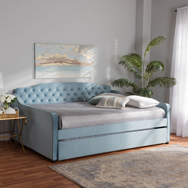Baxton Studio Freda Transitional and Contemporary Light Blue Velvet Fabric Upholstered and Button Tufted Full Size Daybed with Trundle