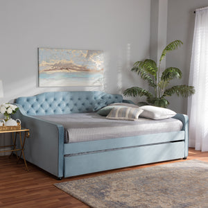 Baxton Studio Freda Transitional and Contemporary Light Blue Velvet Fabric Upholstered and Button Tufted Queen Size Daybed with Trundle