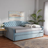 Baxton Studio Freda Transitional and Contemporary Light Blue Velvet Fabric Upholstered and Button Tufted Queen Size Daybed with Trundle