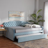 Baxton Studio Freda Transitional and Contemporary Light Blue Velvet Fabric Upholstered and Button Tufted Full Size Daybed with Trundle