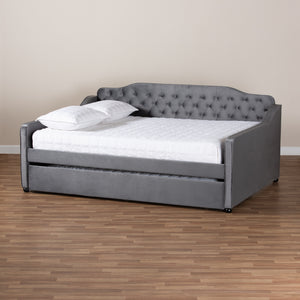 Baxton Studio Freda Transitional and Contemporary Grey Velvet Fabric Upholstered and Button Tufted Full Size Daybed with Trundle