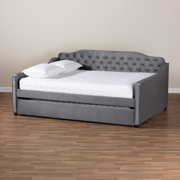 Baxton Studio Freda Transitional and Contemporary Grey Velvet Fabric Upholstered and Button Tufted Full Size Daybed with Trundle