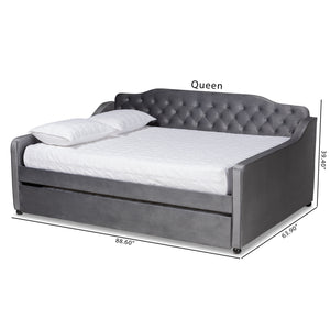 Baxton Studio Freda Transitional and Contemporary Grey Velvet Fabric Upholstered and Button Tufted Full Size Daybed with Trundle