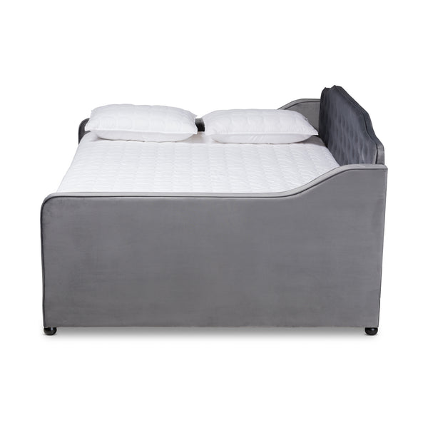 Baxton Studio Freda Transitional and Contemporary Grey Velvet Fabric Upholstered and Button Tufted Full Size Daybed with Trundle