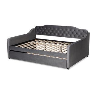 Baxton Studio Freda Transitional and Contemporary Grey Velvet Fabric Upholstered and Button Tufted Full Size Daybed with Trundle