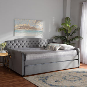 Baxton Studio Freda Transitional and Contemporary Grey Velvet Fabric Upholstered and Button Tufted Full Size Daybed with Trundle