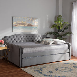 Baxton Studio Freda Transitional and Contemporary Grey Velvet Fabric Upholstered and Button Tufted Full Size Daybed with Trundle