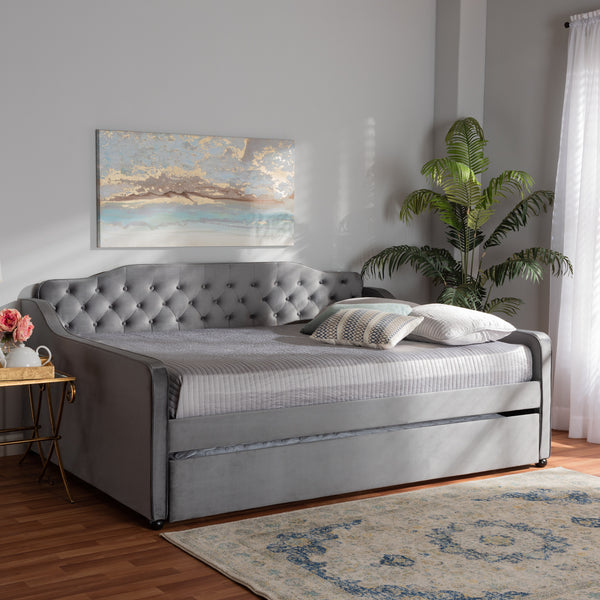 Baxton Studio Freda Transitional and Contemporary Grey Velvet Fabric Upholstered and Button Tufted Full Size Daybed with Trundle