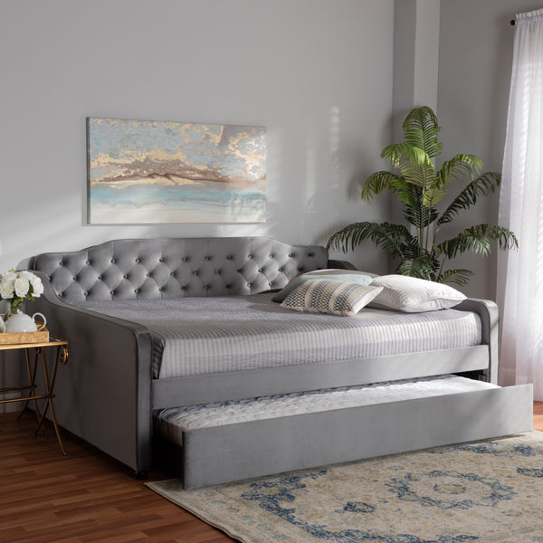Baxton Studio Freda Transitional and Contemporary Grey Velvet Fabric Upholstered and Button Tufted Full Size Daybed with Trundle