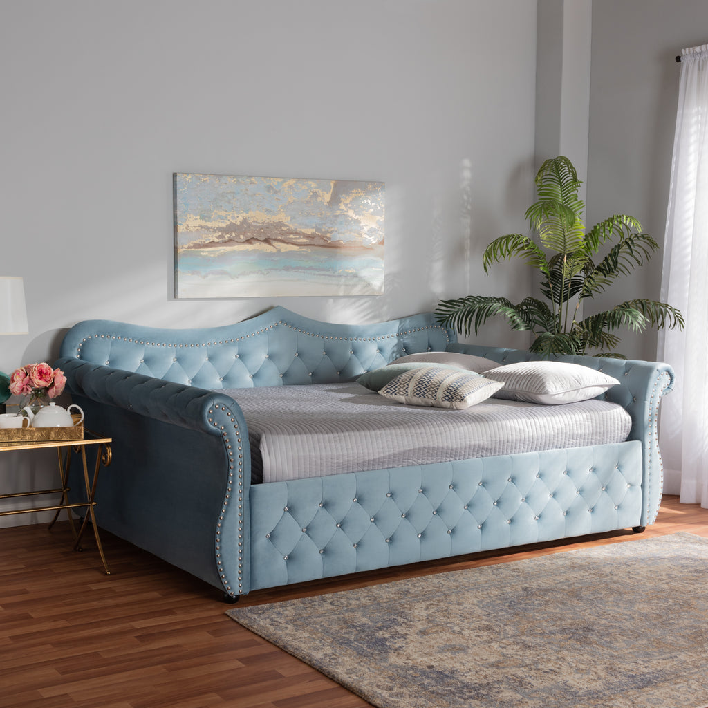 Abbie Traditional Transitional Velvet Fabric Upholstered and Crystal Tufted Full Size Daybed