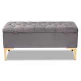 Baxton Studio Valere Glam and Luxe Grey Velvet Fabric Upholstered Gold Finished Button Tufted Storage Ottoman