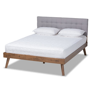 Baxton Studio Devan Mid-Century Modern Light Grey Fabric Upholstered Walnut Brown Finished Wood Queen Size Platform Bed