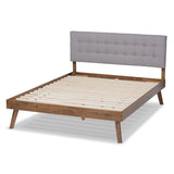 Baxton Studio Devan Mid-Century Modern Light Grey Fabric Upholstered Walnut Brown Finished Wood King Size Platform Bed