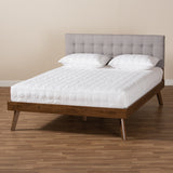 Baxton Studio Devan Mid-Century Modern Light Grey Fabric Upholstered Walnut Brown Finished Wood Queen Size Platform Bed