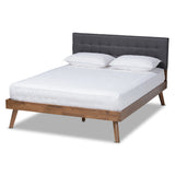 Baxton Studio Devan Mid-Century Modern Dark Grey Fabric Upholstered Walnut Brown Finished Wood Full Size Platform Bed