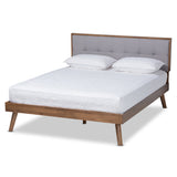 Alke Mid-Century Modern Fabric Upholstered Walnut Brown Finished Wood Queen Size Platform Bed