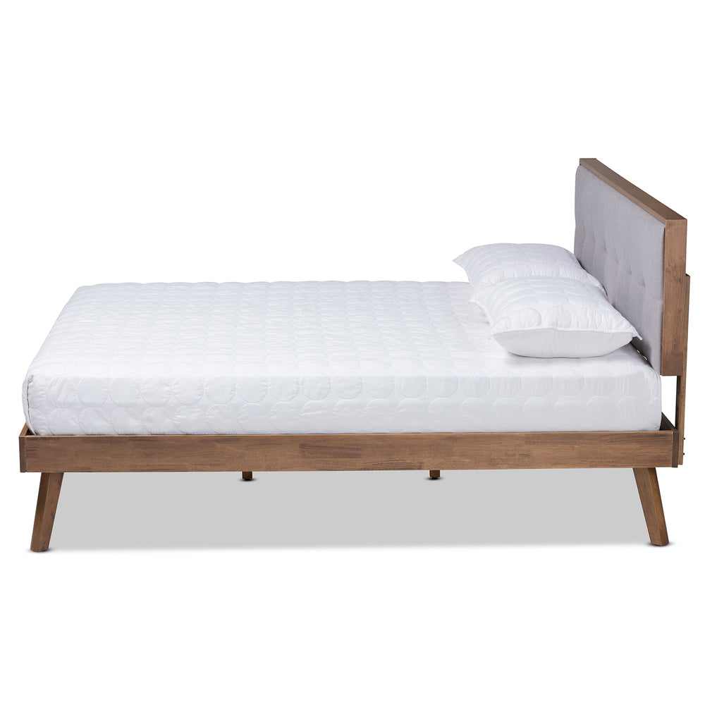 Baxton Studio Alke Mid-Century Modern Light Grey Fabric Upholstered Walnut Brown Finished Wood King Size Platform Bed