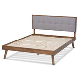 Baxton Studio Alke Mid-Century Modern Light Grey Fabric Upholstered Walnut Brown Finished Wood Queen Size Platform Bed