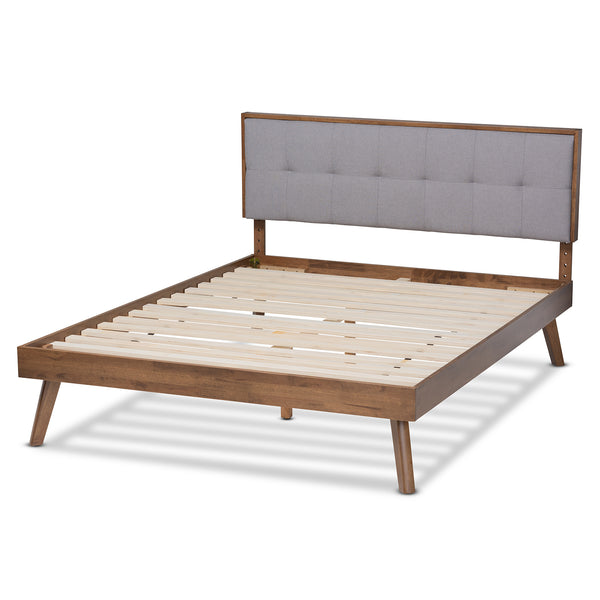 Baxton Studio Alke Mid-Century Modern Light Grey Fabric Upholstered Walnut Brown Finished Wood King Size Platform Bed