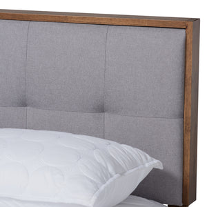 Baxton Studio Alke Mid-Century Modern Light Grey Fabric Upholstered Walnut Brown Finished Wood King Size Platform Bed