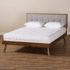 Baxton Studio Alke Mid-Century Modern Light Grey Fabric Upholstered Walnut Brown Finished Wood King Size Platform Bed